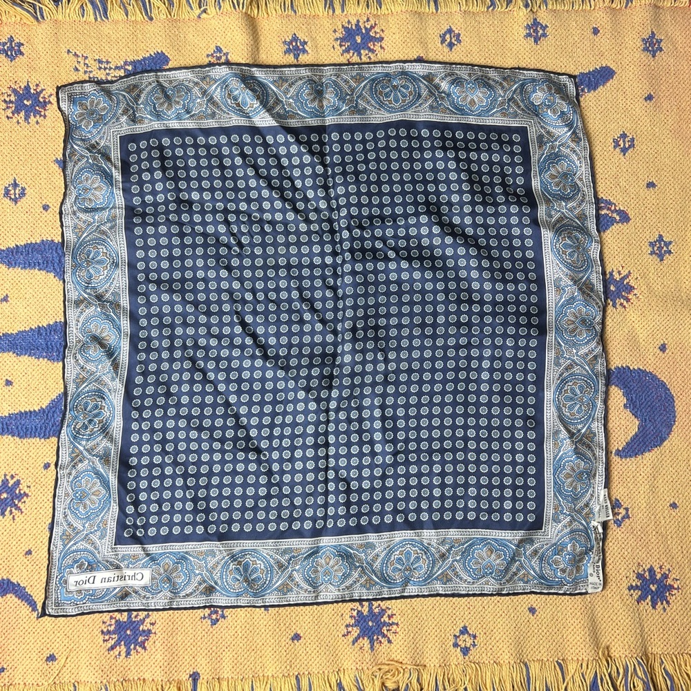 Christian Dior Navy Blue and Cream Patterned Silk Scarf - Picture 6 of 8